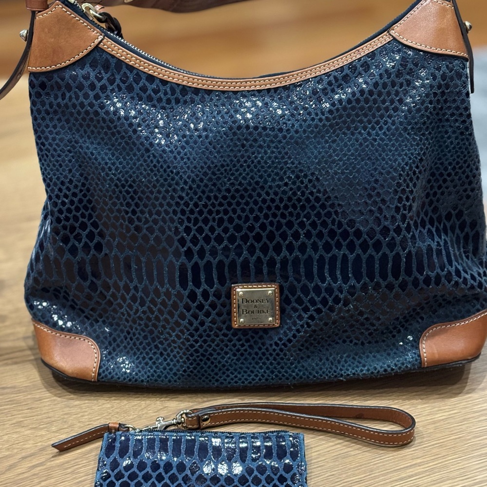 Dooney & Bourke Navy and Tan Erica Snakeskin Hobo Bag